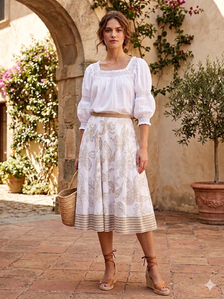A.N.A 100 % White Cotton Midi Skirt With Beige Leaf Embroidery And Sequins